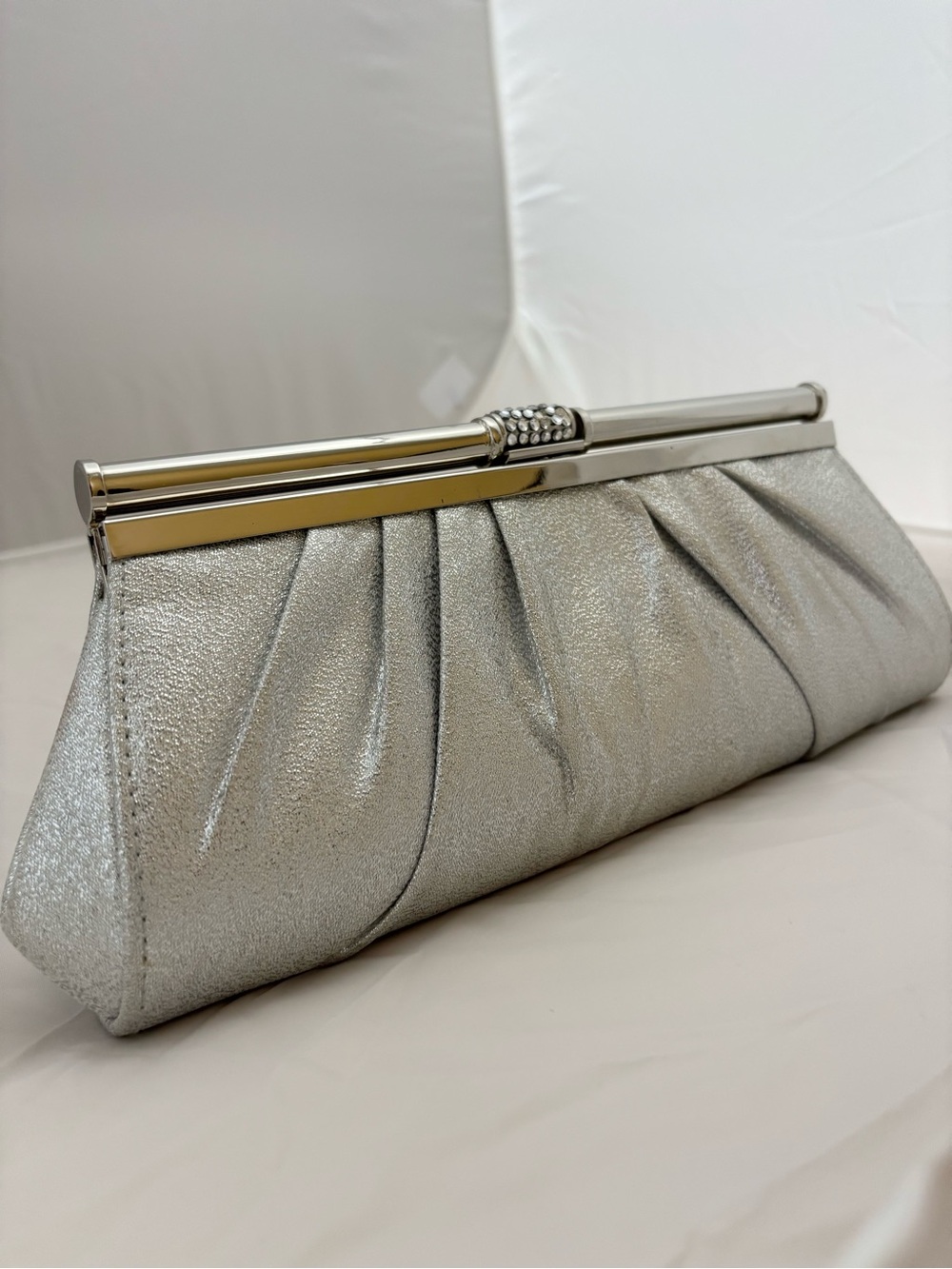 Le Château Silver Metallic Pleated Rhinestone Evening Clutch Bridal Accessory